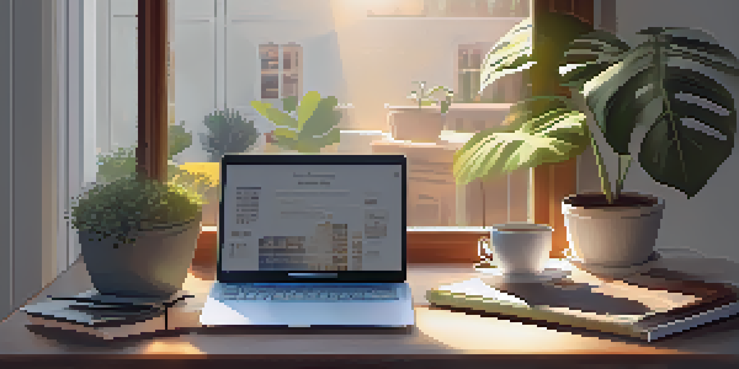 A peaceful workspace featuring a laptop with an online course open, coffee, notebooks, and a plant, illuminated by natural sunlight.