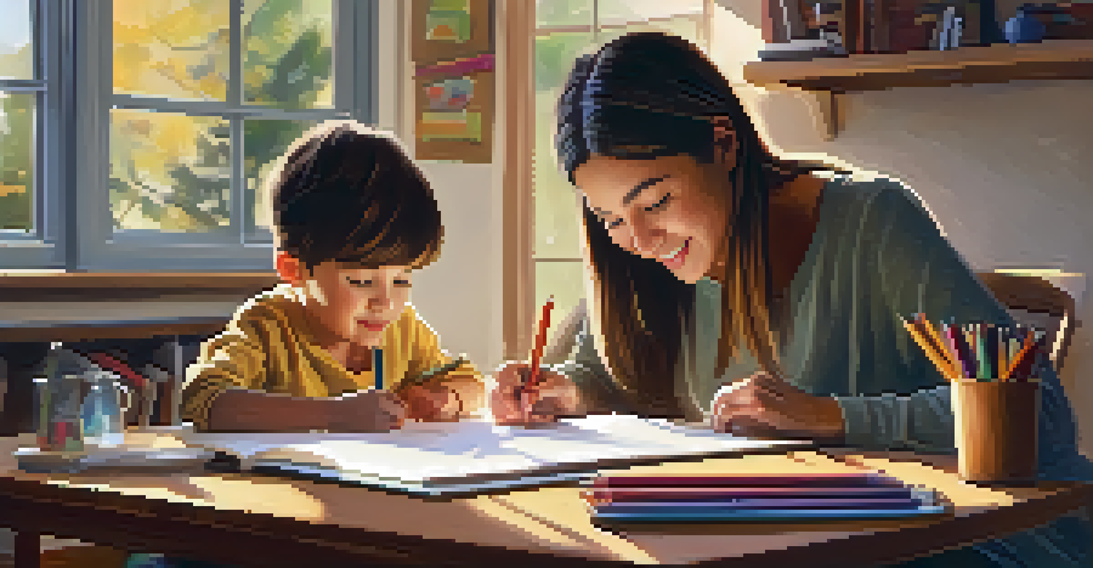 A parent and child collaborating on a learning project at home, surrounded by educational materials and art supplies.