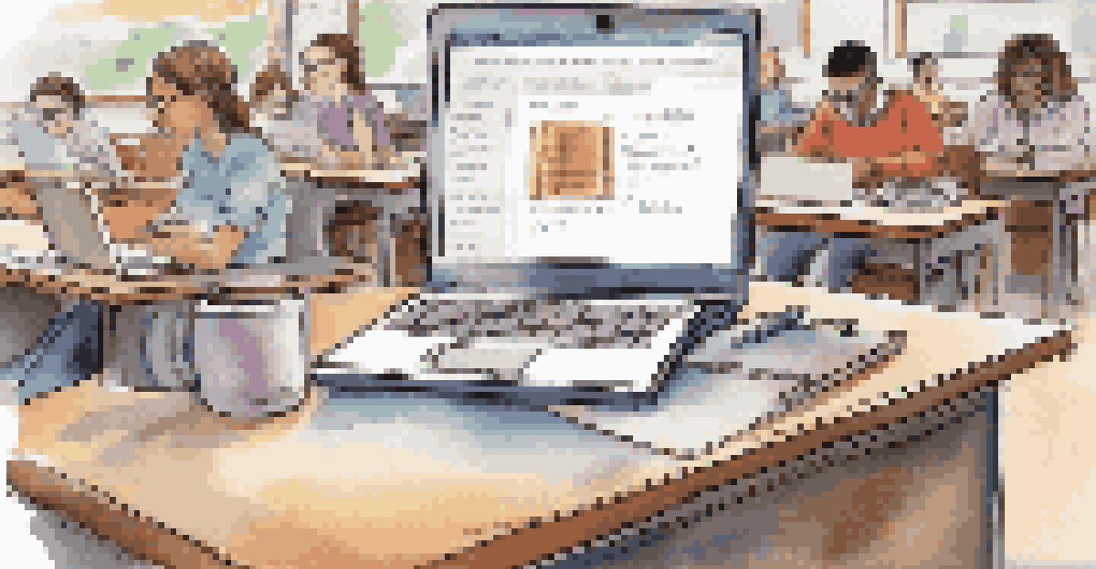 A teacher's desk with a laptop showing an interactive OER module, surrounded by textbooks and students working in the background.