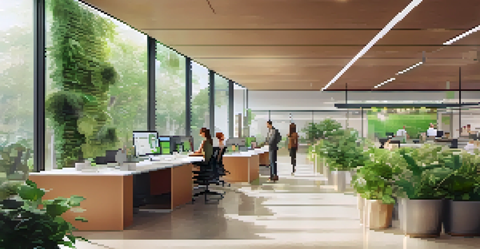 A bright office environment with employees discussing sustainability initiatives, featuring a digital dashboard and plants.