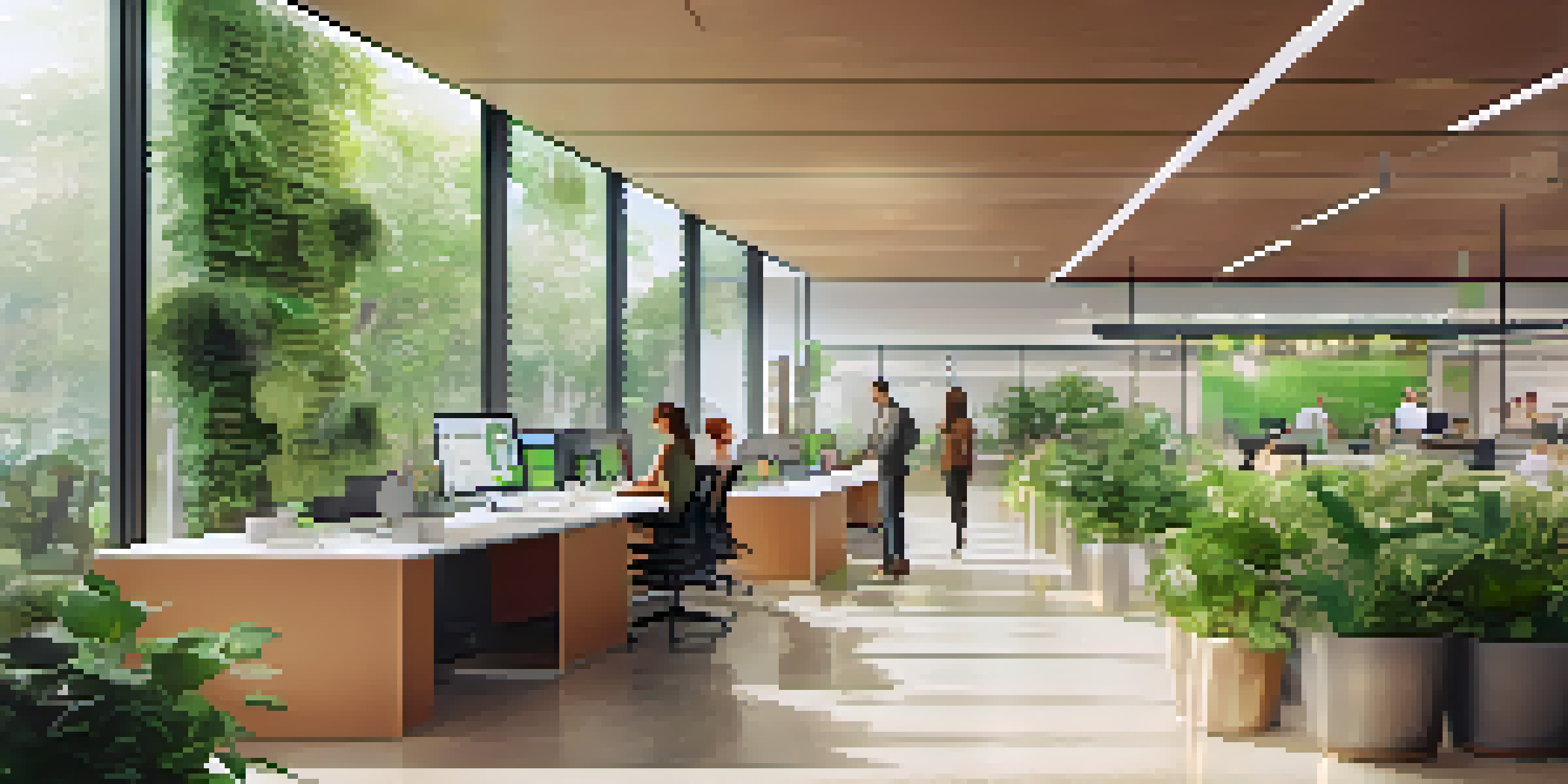 A bright office environment with employees discussing sustainability initiatives, featuring a digital dashboard and plants.
