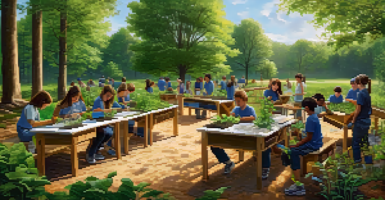 Students engaged in an outdoor environmental project, planting trees and learning about ecosystems in a sunny green space.