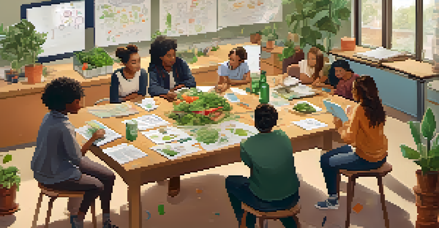 Students working together on a food waste project in a brightly lit classroom decorated with plants.