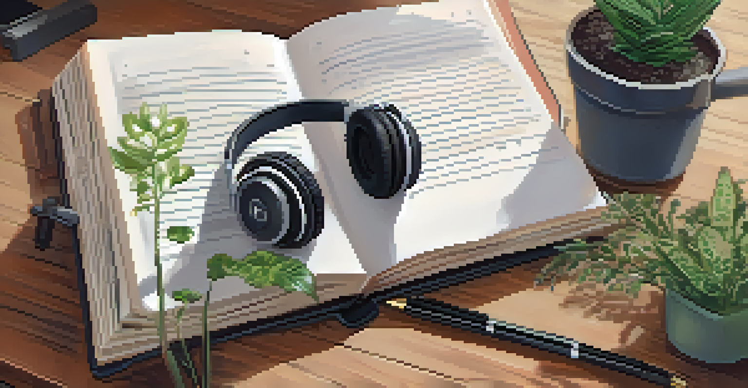 An open journal with podcast notes and headphones on a table, surrounded by a plant and illuminated by soft light.