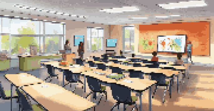 A modern smart classroom with interactive boards and adjustable lighting, filled with diverse students engaged in learning.