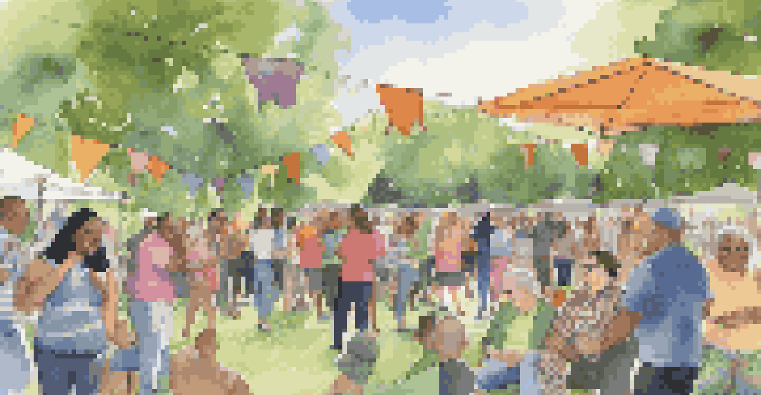 A diverse group of people in an outdoor park, joyfully sharing and showcasing their achievement badges, engaged in conversation with greenery and colorful decorations in the background.