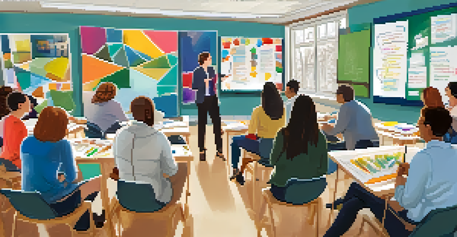 A group of teachers collaborating in a workshop, sharing ideas and strategies in a colorful classroom setting.