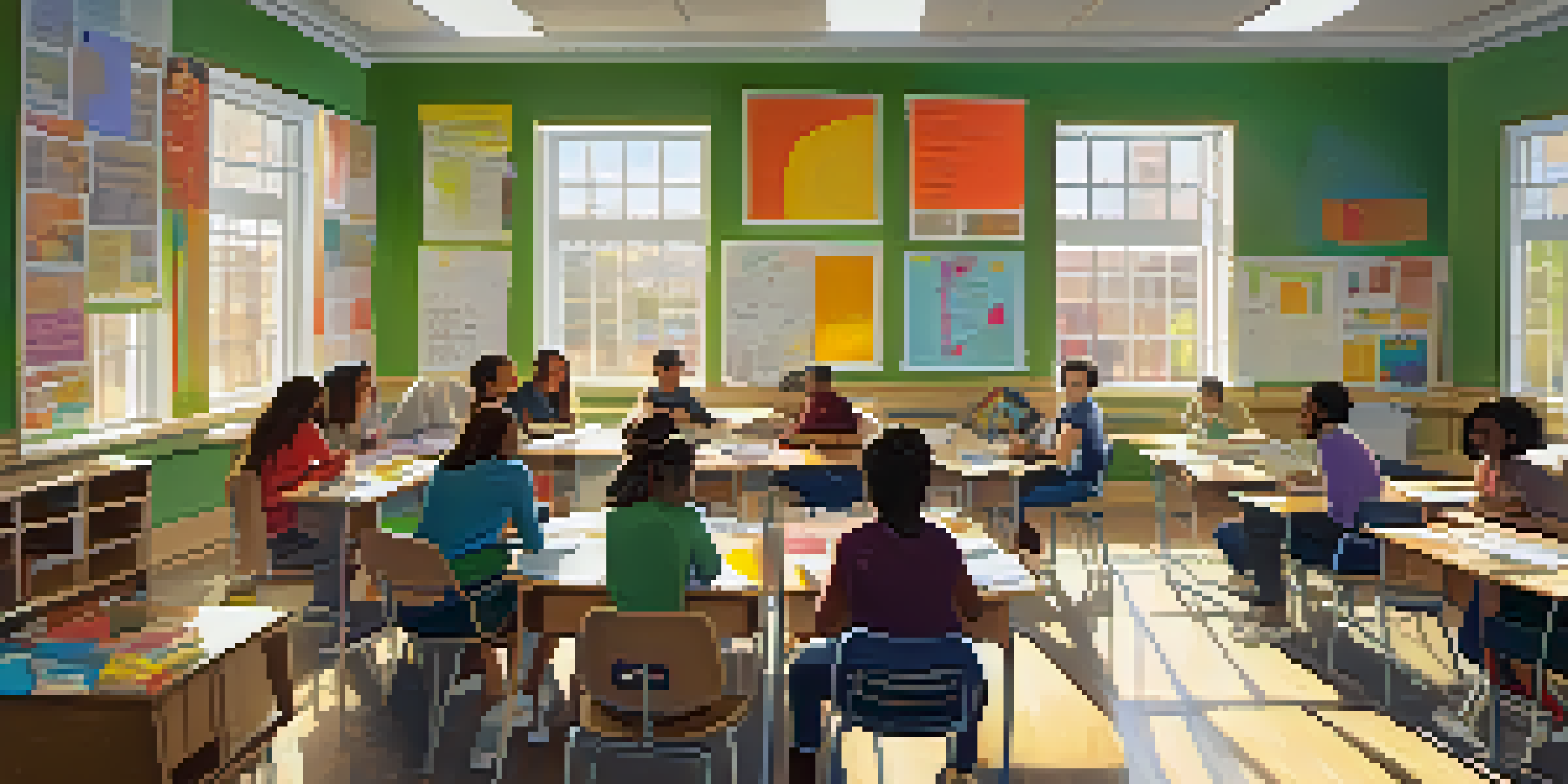 A bright and lively classroom where diverse students are actively collaborating on projects, surrounded by colorful decorations and sunlight.