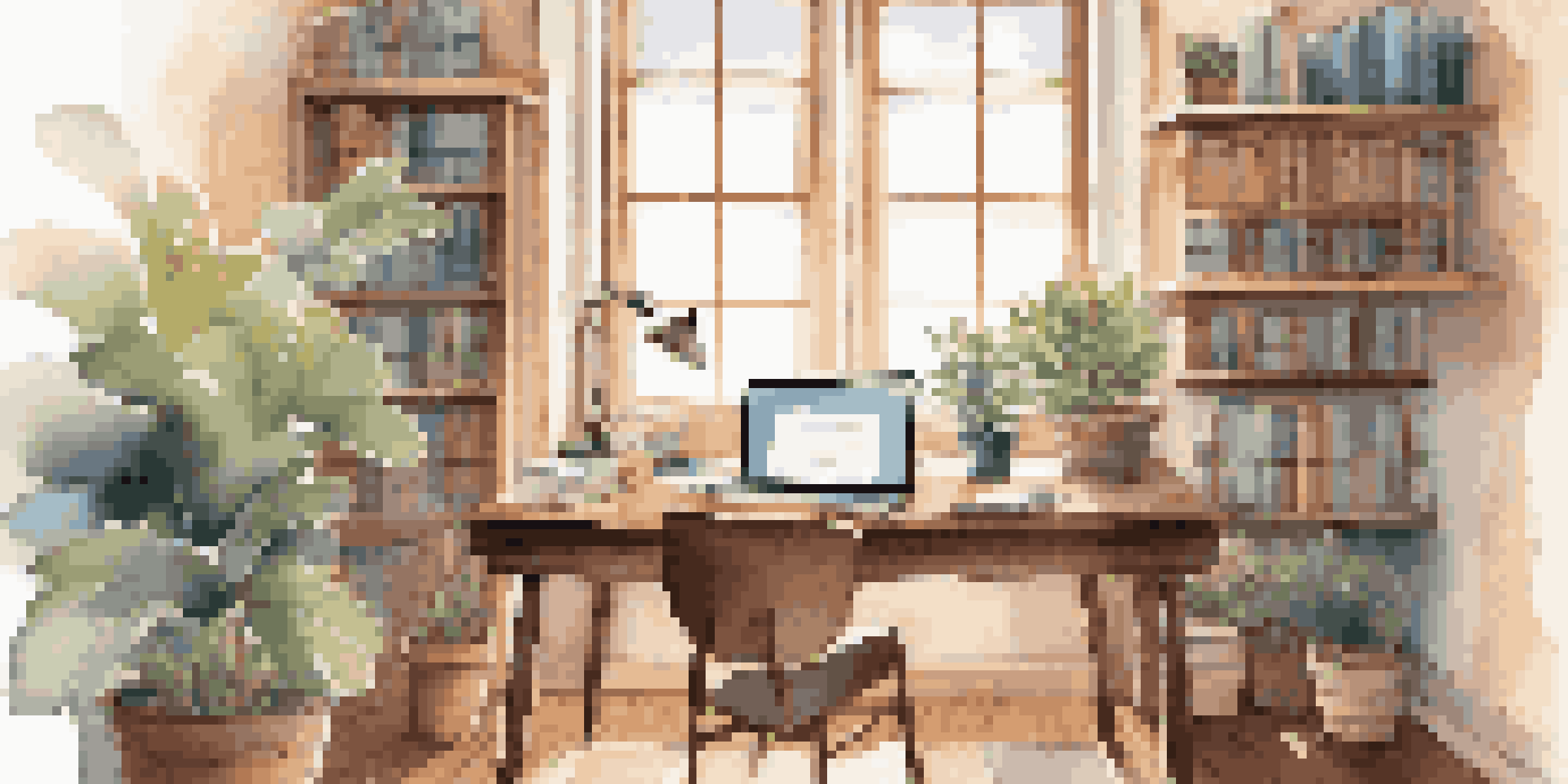 A cozy study area with a laptop, books, a plant, and coffee, illuminated by soft sunlight.