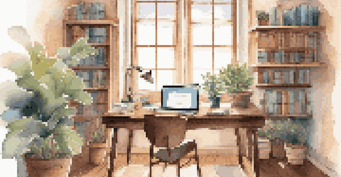 A cozy study area with a laptop, books, a plant, and coffee, illuminated by soft sunlight.