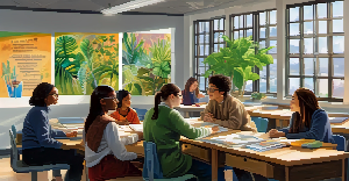 A diverse group of students in a bright classroom engaged in discussion, with a supportive teacher listening attentively.