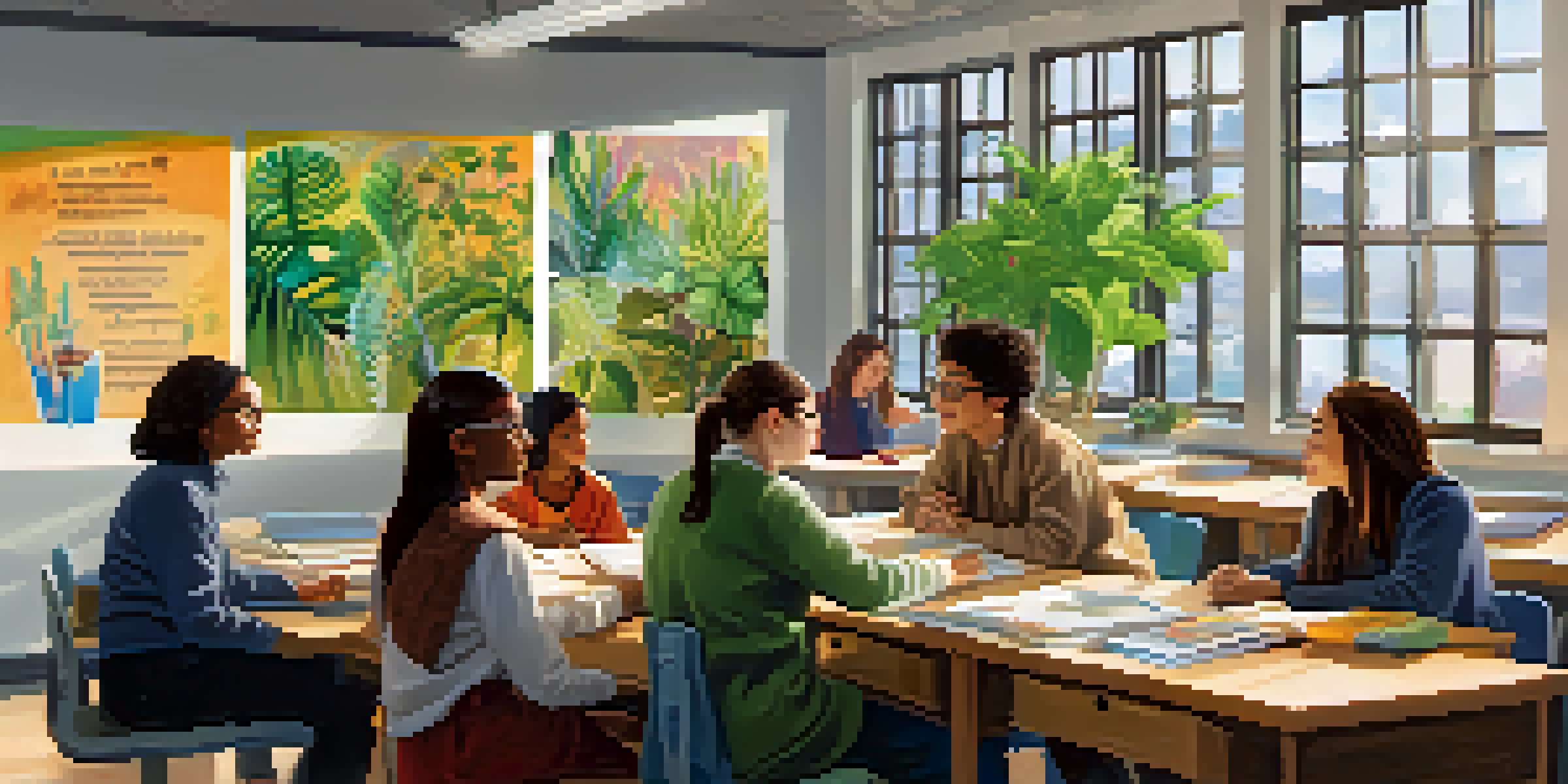 A diverse group of students in a bright classroom engaged in discussion, with a supportive teacher listening attentively.