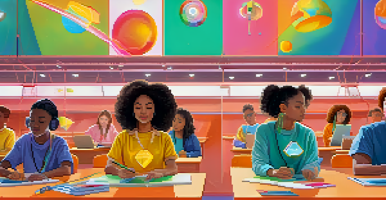 A futuristic educational scene showing students earning badges from various activities, with colorful floating badges symbolizing their achievements.