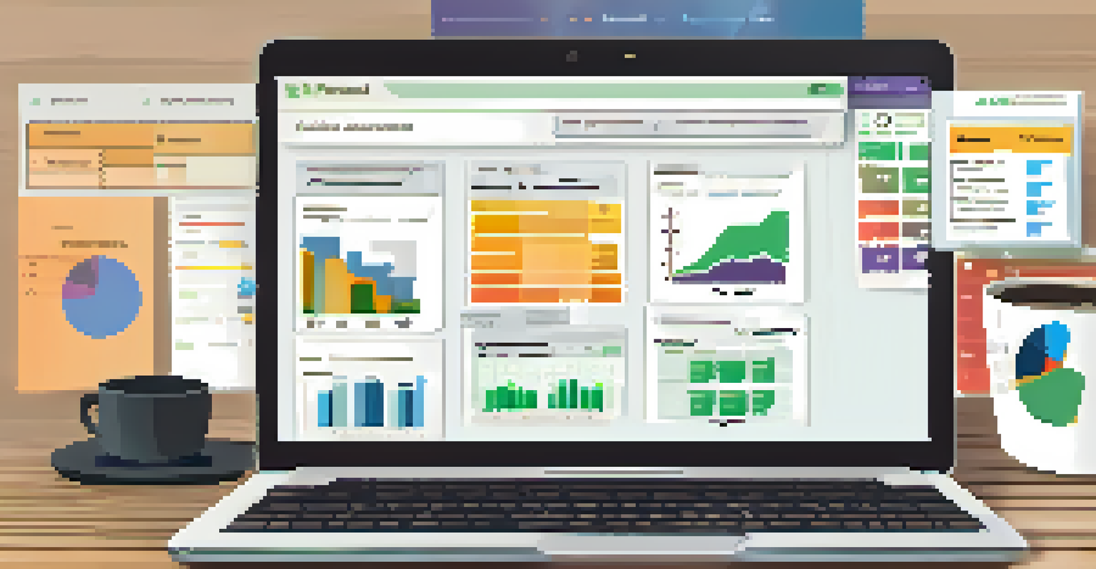 A laptop displaying a digital assessment platform interface with quizzes and analytics, on a desk with notebooks and a coffee cup.