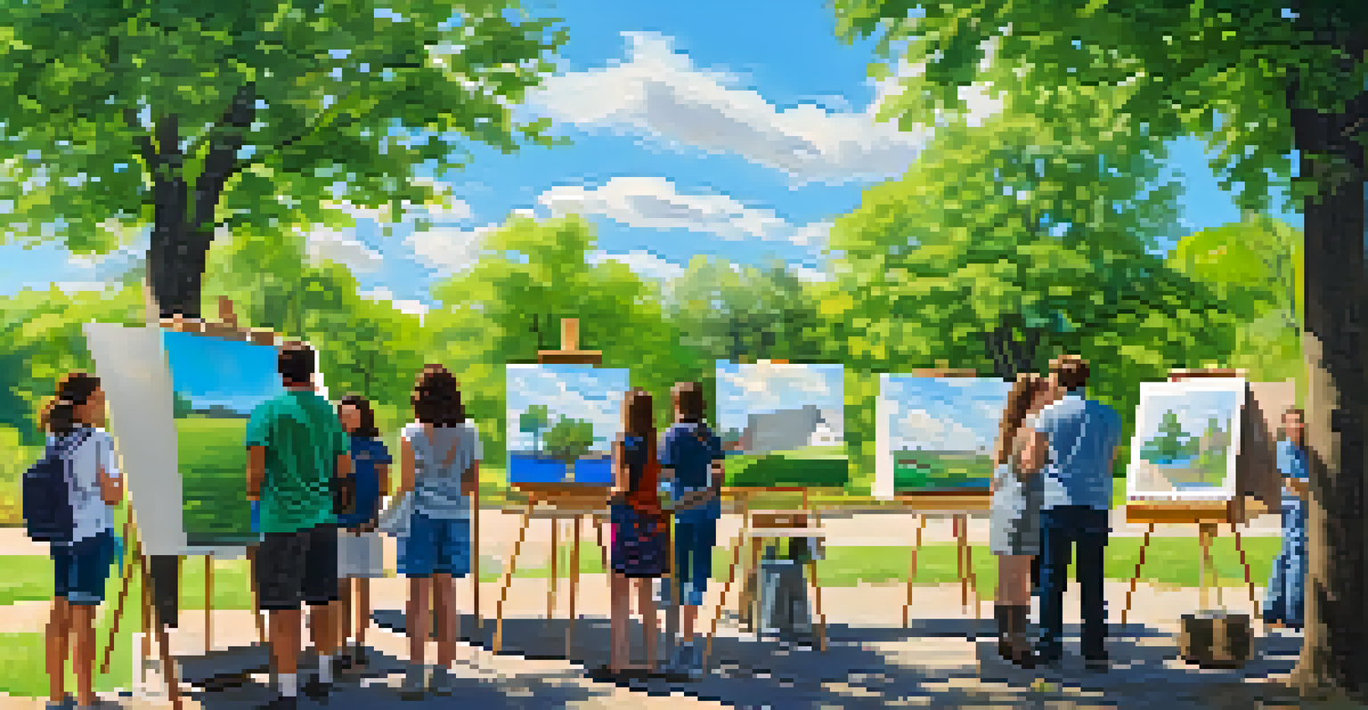 Outdoor community art exhibit with students engaging with visitors about their e-portfolios, surrounded by colorful art pieces and a sunny sky.