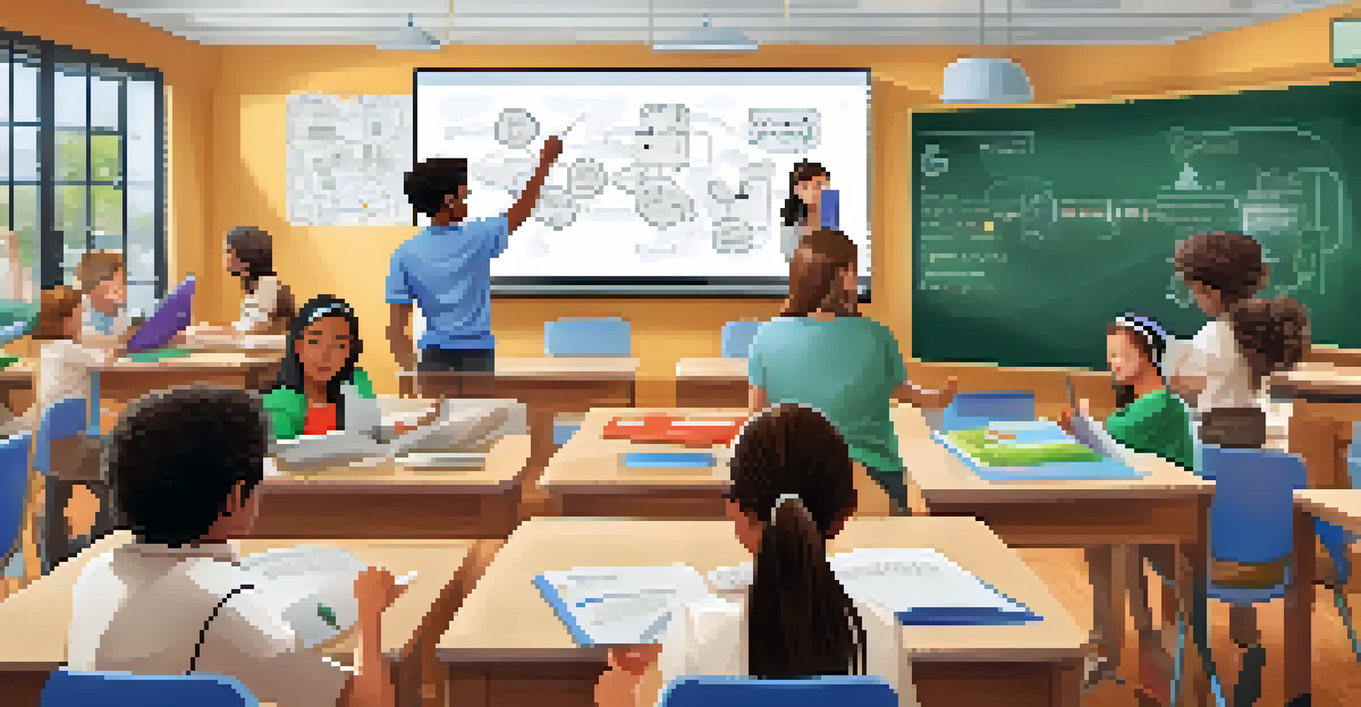 Diverse students collaborating in a modern classroom using augmented reality to solve language puzzles displayed on their devices.