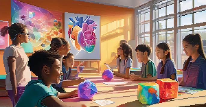 A classroom with students using augmented reality technology, including a Merge Cube and a 3D model of a human heart, with bright sunlight pouring in.