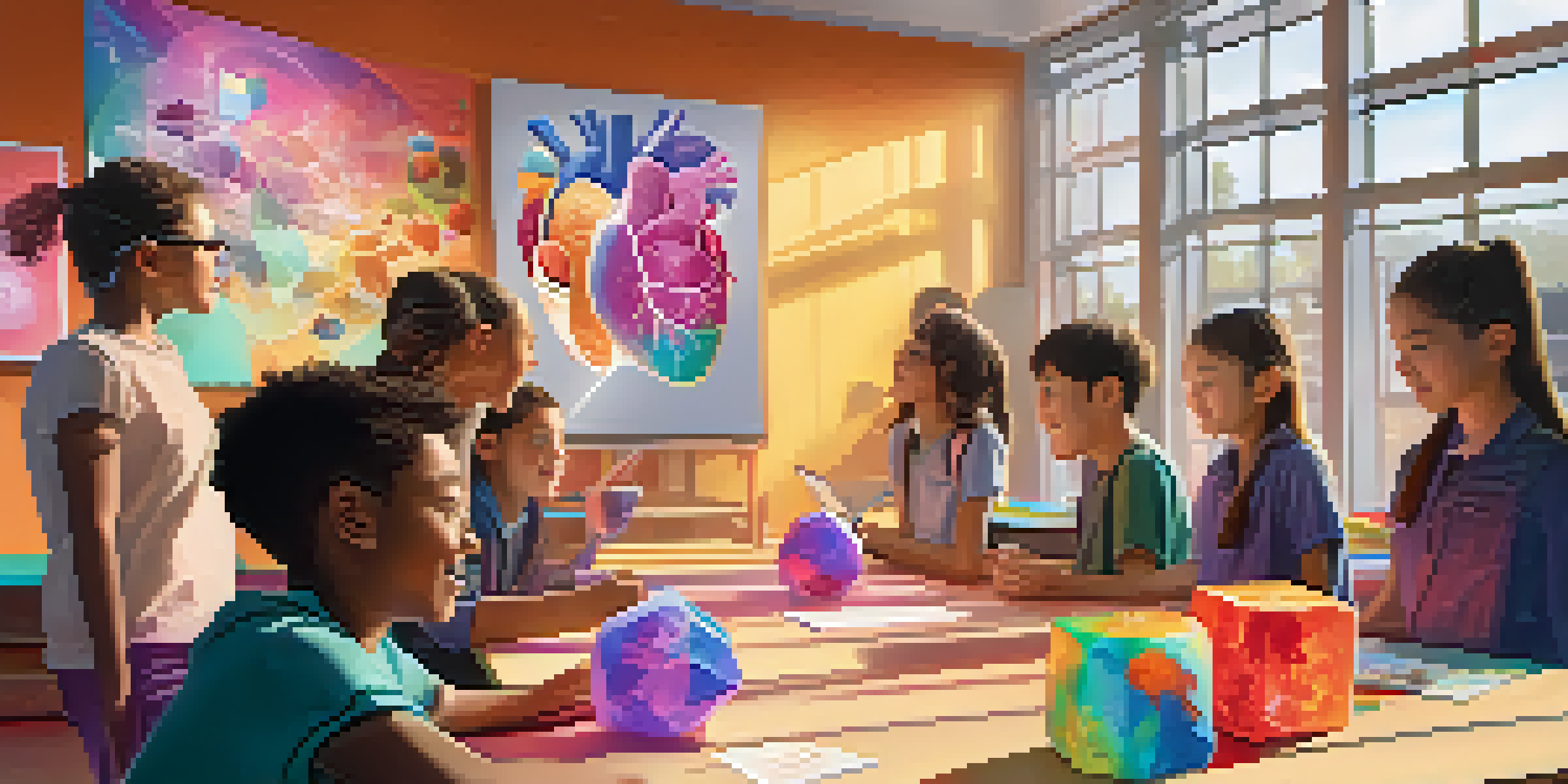 A classroom with students using augmented reality technology, including a Merge Cube and a 3D model of a human heart, with bright sunlight pouring in.