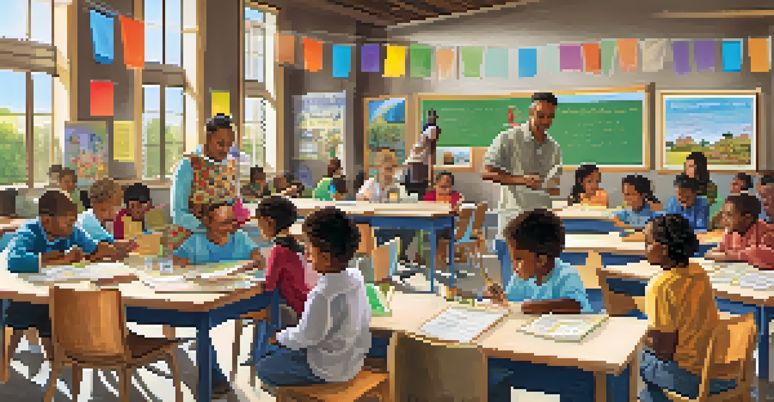 A community workshop with families and educators collaborating over educational materials, fostering an inclusive learning atmosphere.