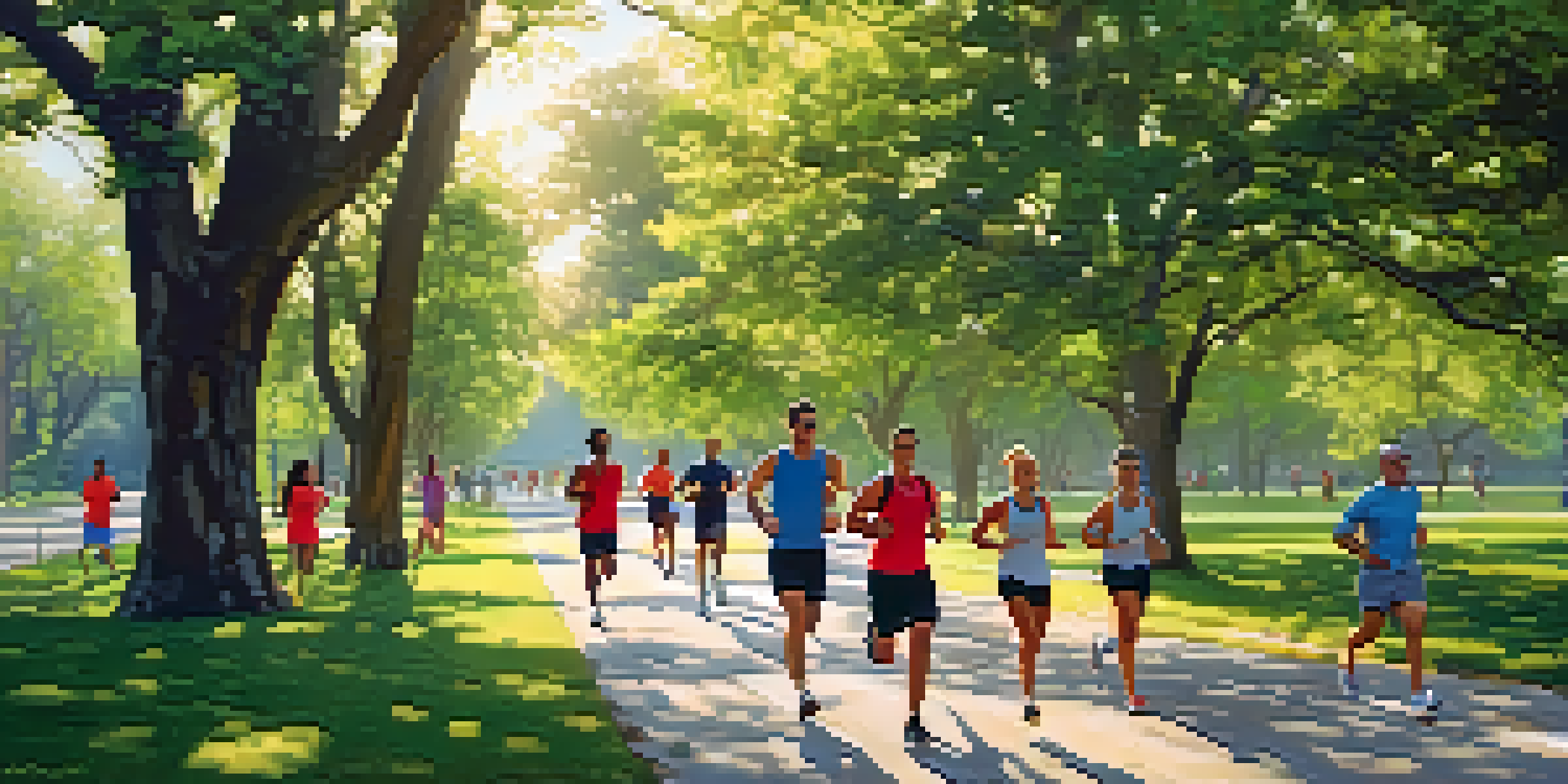 A lively community park with diverse individuals jogging together in the morning sun.
