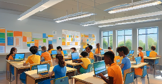 A group of diverse students in a bright classroom, collaborating with digital devices on a project about digital citizenship.