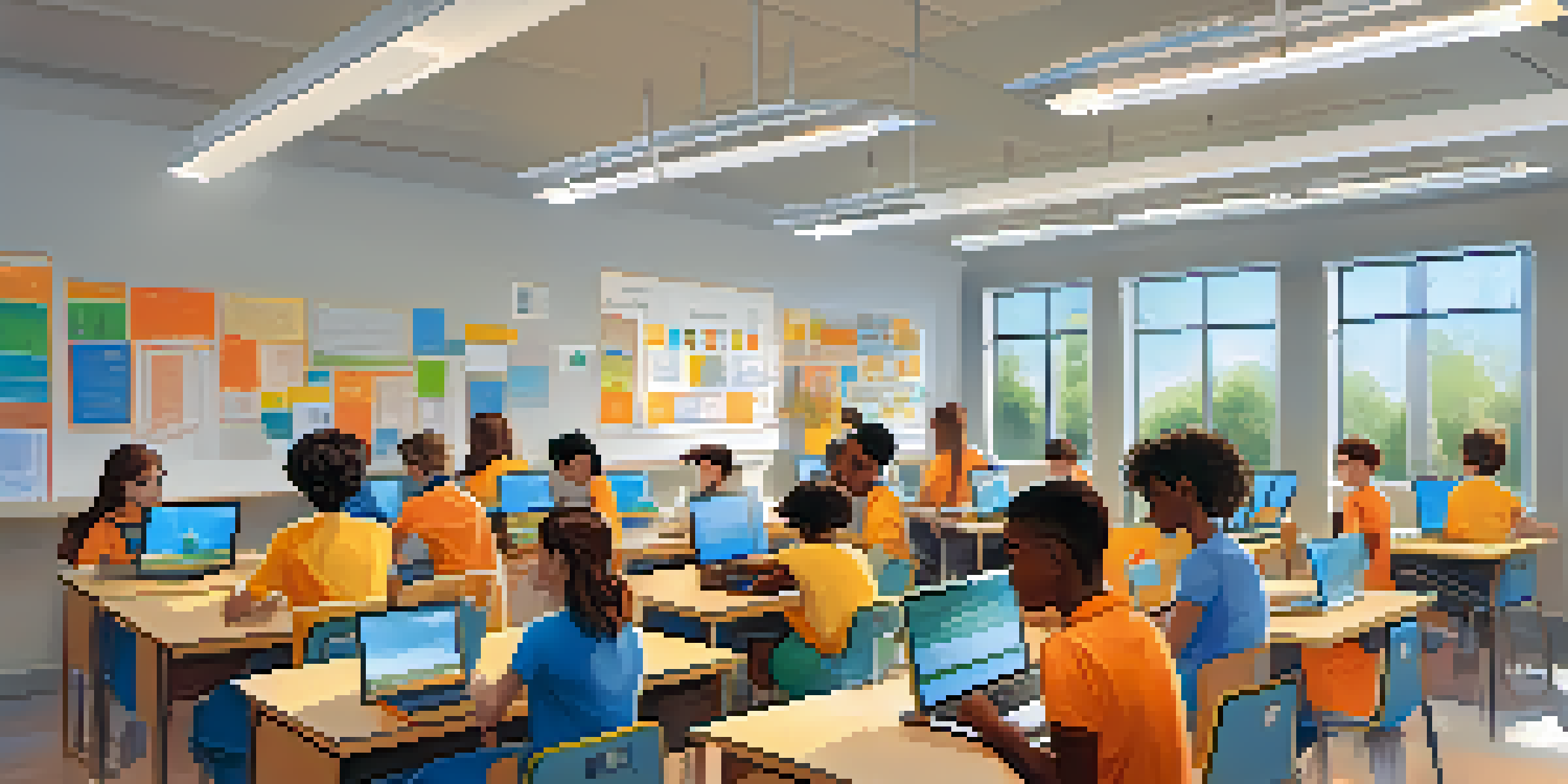 A group of diverse students in a bright classroom, collaborating with digital devices on a project about digital citizenship.