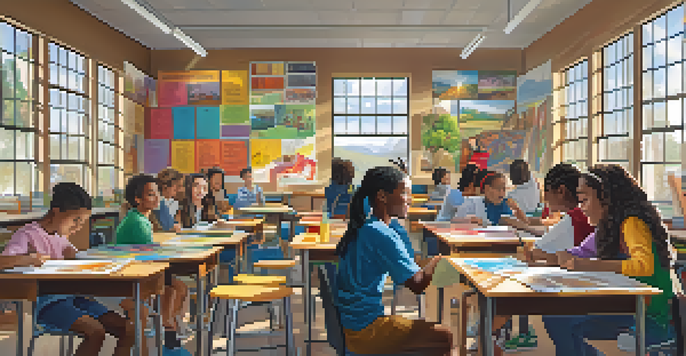 A classroom filled with students from diverse backgrounds collaborating on a project, with colorful decorations and natural light.
