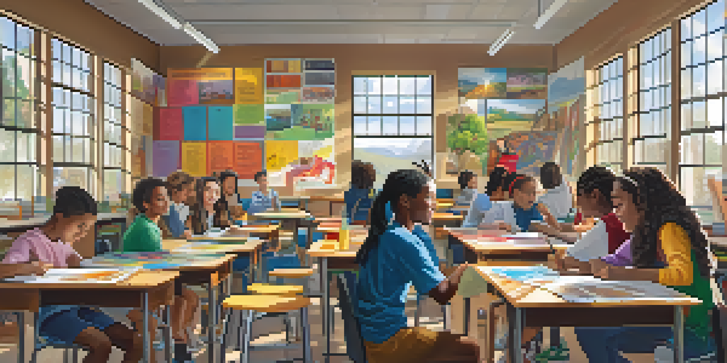 A classroom filled with students from diverse backgrounds collaborating on a project, with colorful decorations and natural light.