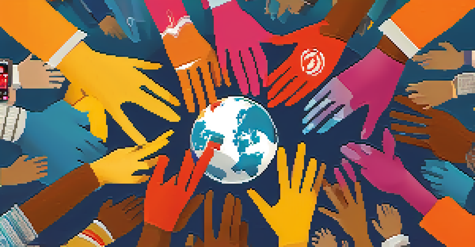 Hands of different ethnicities forming a globe against a background of social issue icons, symbolizing unity.