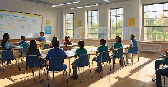 A diverse group of teachers in a classroom attending a crisis management training session, with sunlight streaming through the windows.