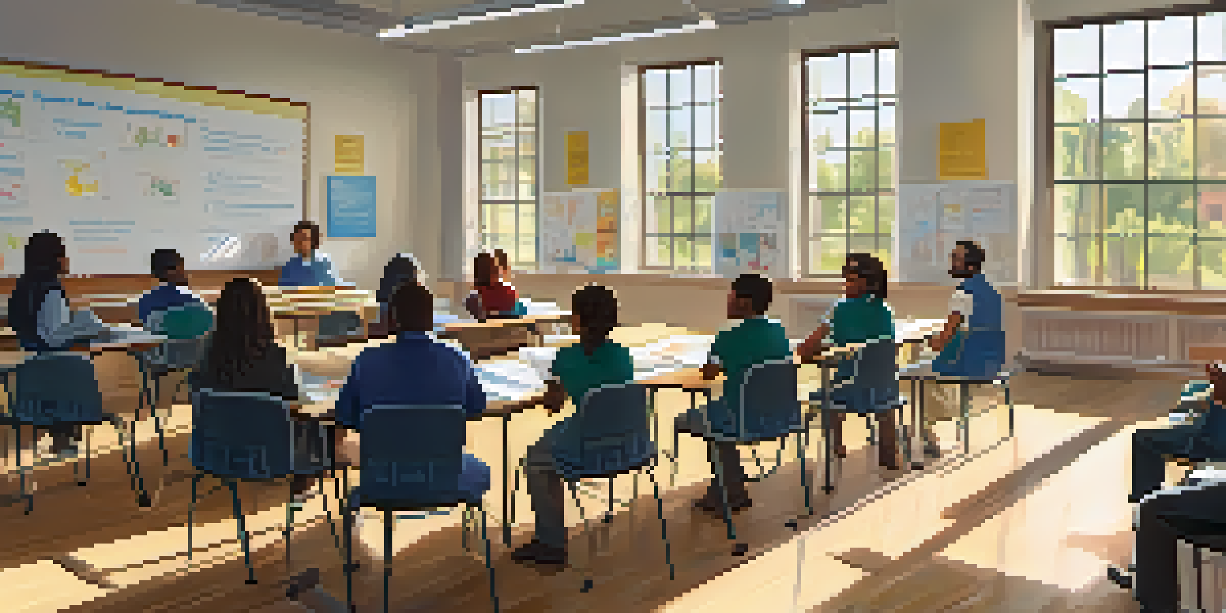 A diverse group of teachers in a classroom attending a crisis management training session, with sunlight streaming through the windows.