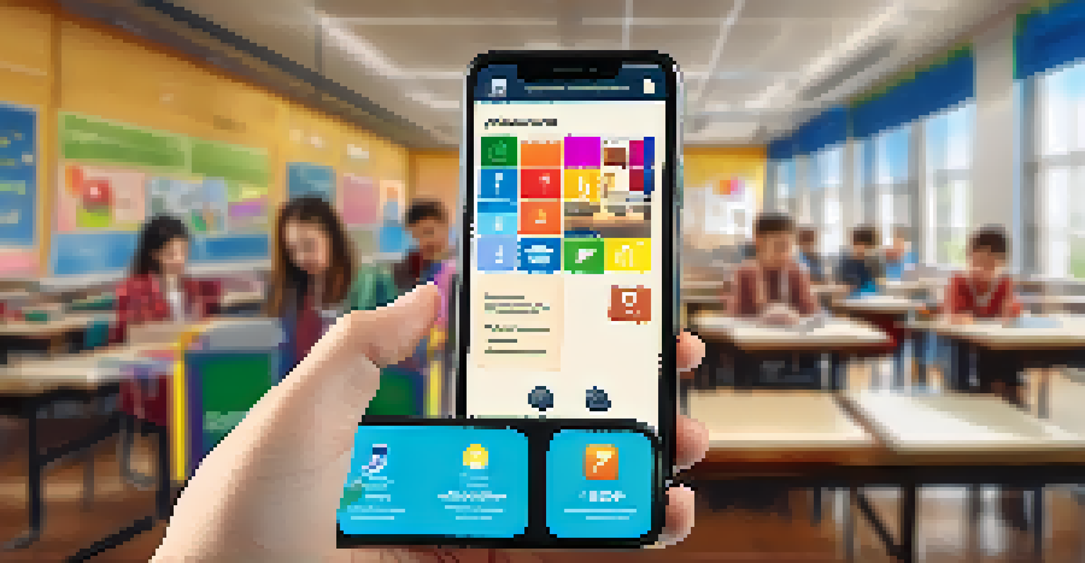 A close-up of a hand holding a smartphone with an educational app displayed, set against a blurred classroom background, showcasing technology in education.