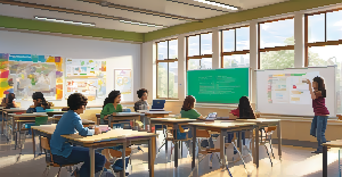 A classroom with a teacher and students, some working on laptops and tablets, and a whiteboard with interactive content, illuminated by natural light.