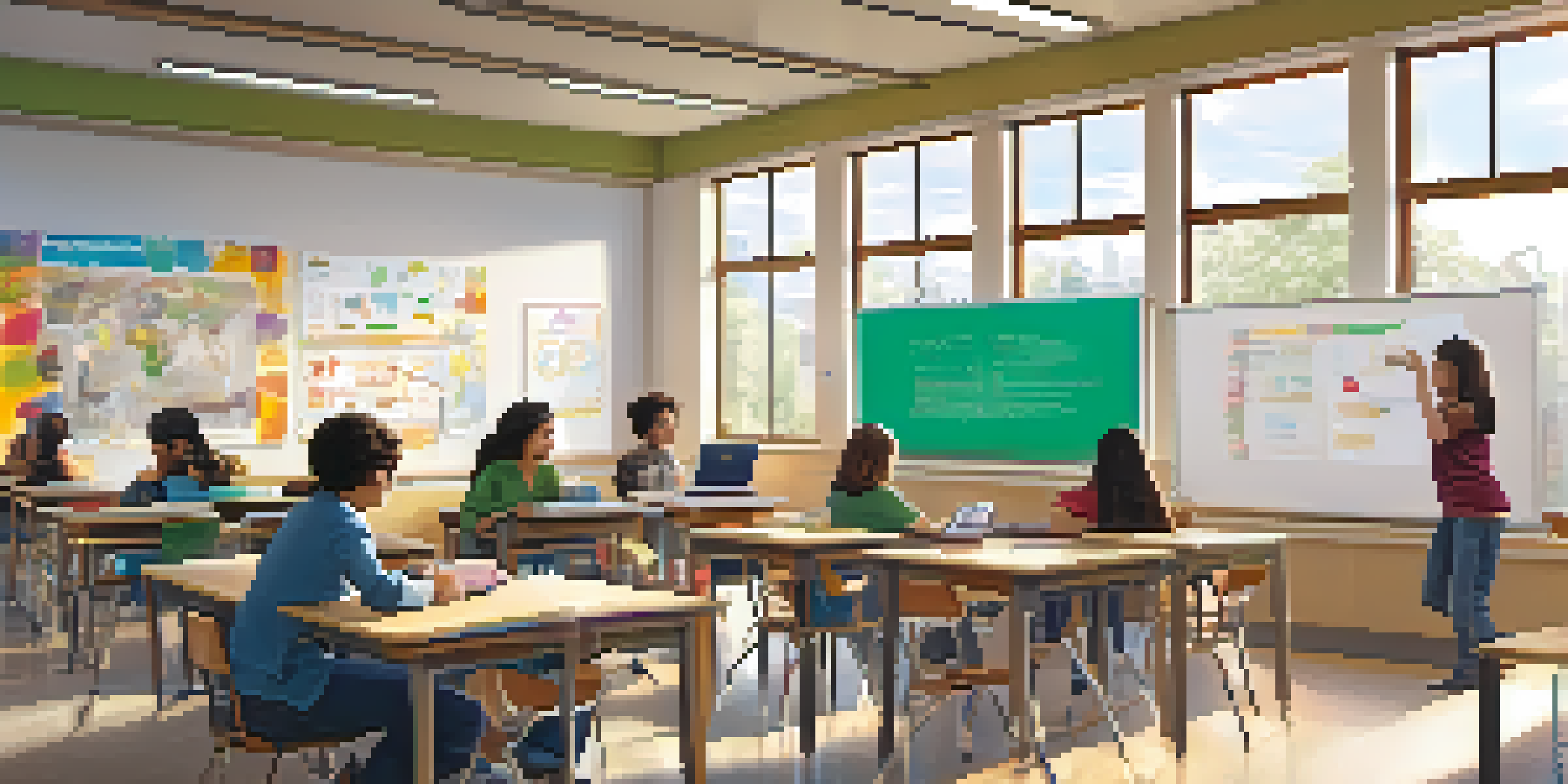 A classroom with a teacher and students, some working on laptops and tablets, and a whiteboard with interactive content, illuminated by natural light.