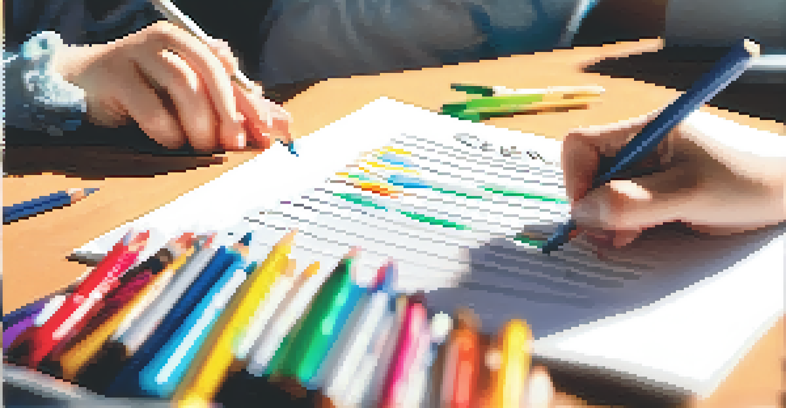 A close-up of a student's hands writing self-assessment notes on a worksheet, with colorful stationery in the background.