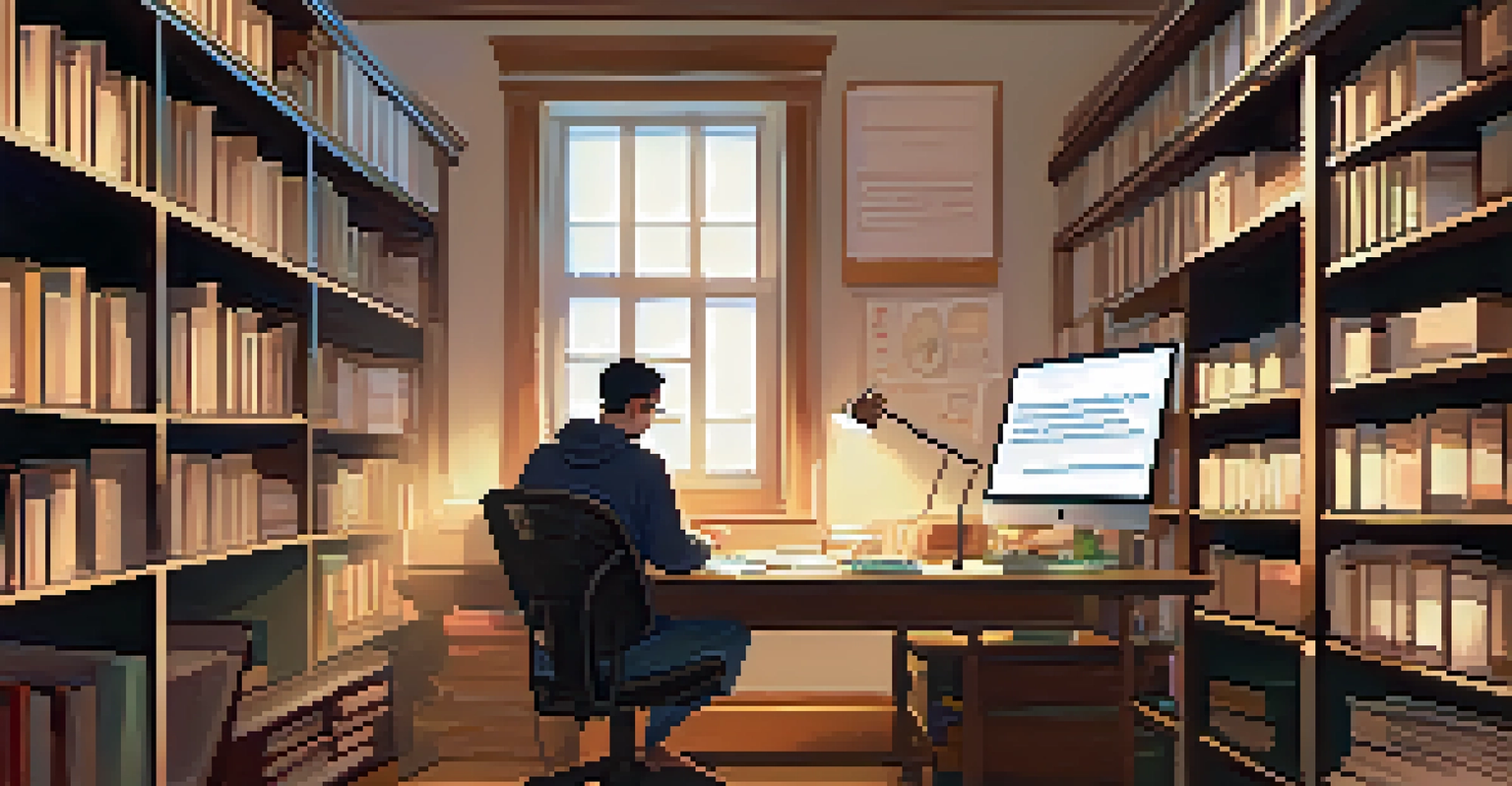 A focused individual studying at a desk in a well-lit, organized room with books and a whiteboard.