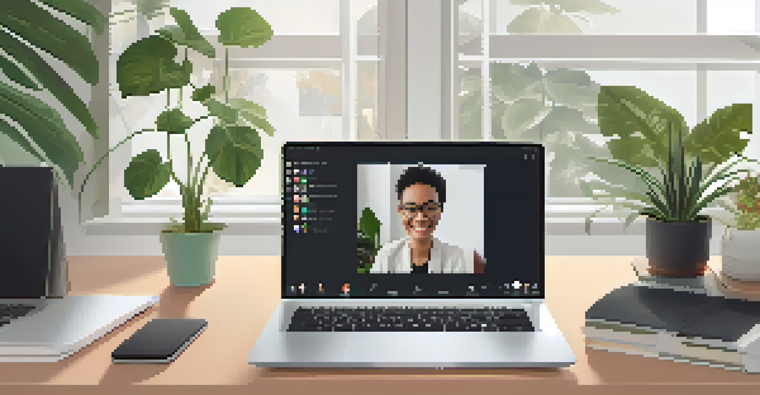 A laptop screen showing a virtual peer learning session with diverse participants, set against a minimalist home office background.
