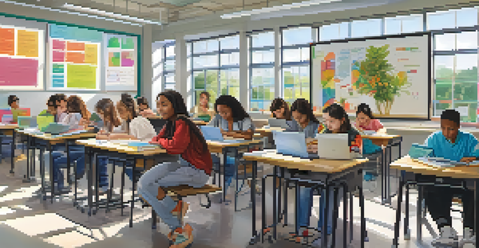 A vibrant classroom with students using laptops and an AI grading system on a smart board, surrounded by educational posters and plants.