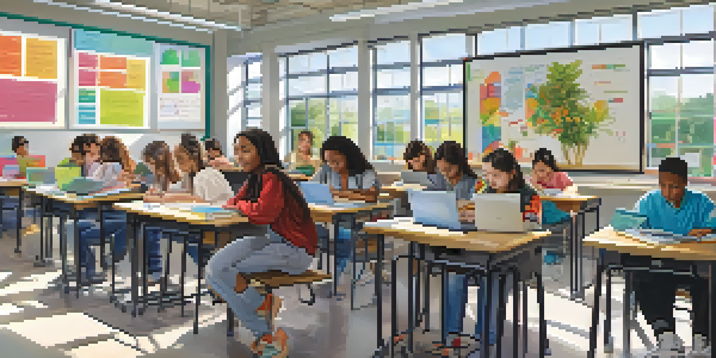 A vibrant classroom with students using laptops and an AI grading system on a smart board, surrounded by educational posters and plants.