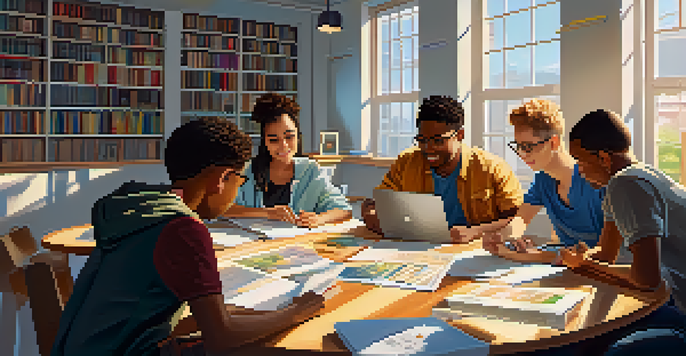 A diverse group of students working together at a round table in a bright classroom, with books and laptops around them, illuminated by sunlight.