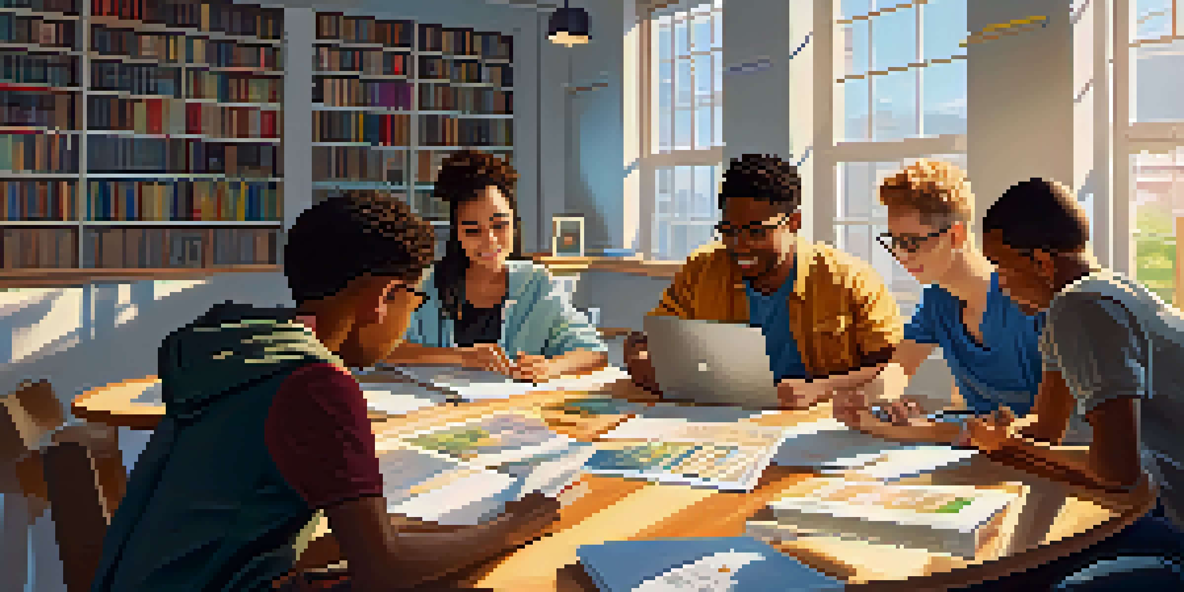 A diverse group of students working together at a round table in a bright classroom, with books and laptops around them, illuminated by sunlight.