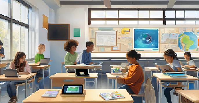 A bright classroom with diverse students using tablets for personalized learning, surrounded by interactive digital boards.