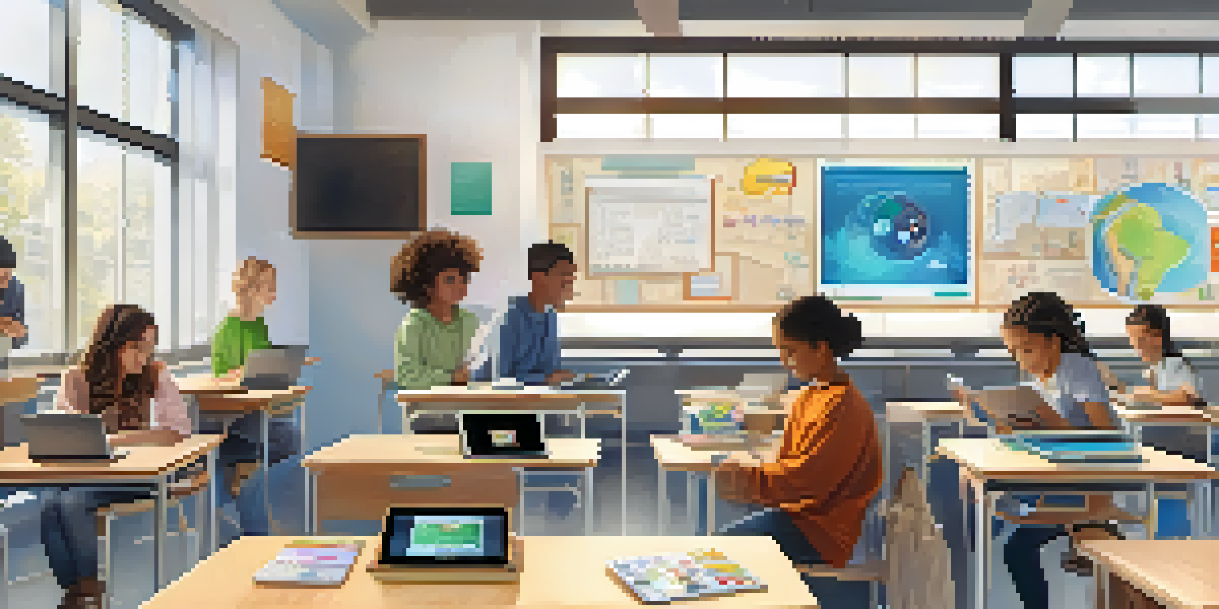 A bright classroom with diverse students using tablets for personalized learning, surrounded by interactive digital boards.