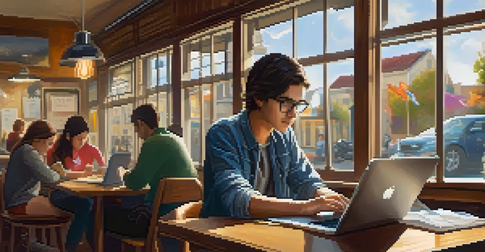 A young adult studying on a smartphone and laptop at a cafe, surrounded by notes and colorful coffee cups.