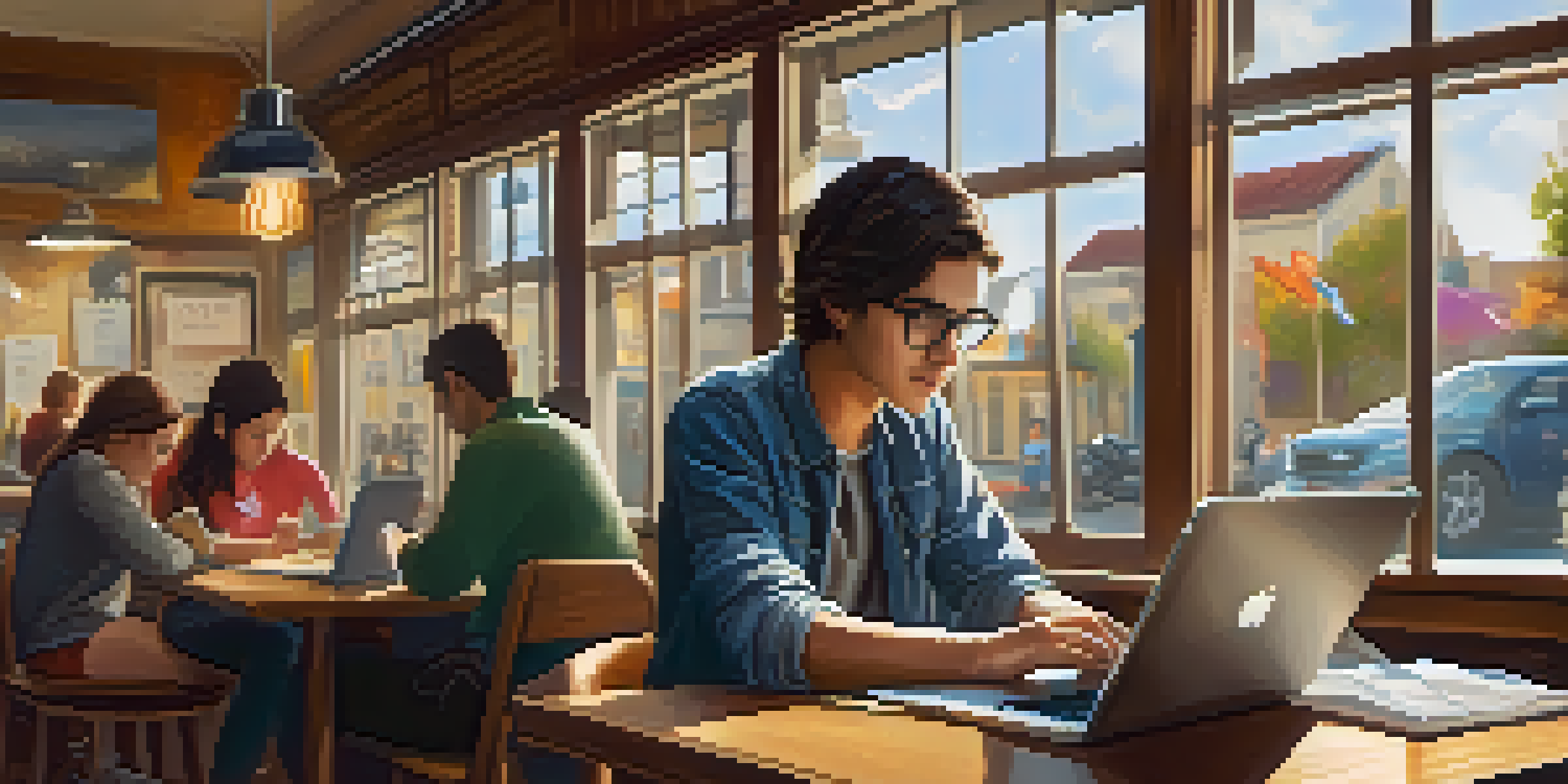 A young adult studying on a smartphone and laptop at a cafe, surrounded by notes and colorful coffee cups.