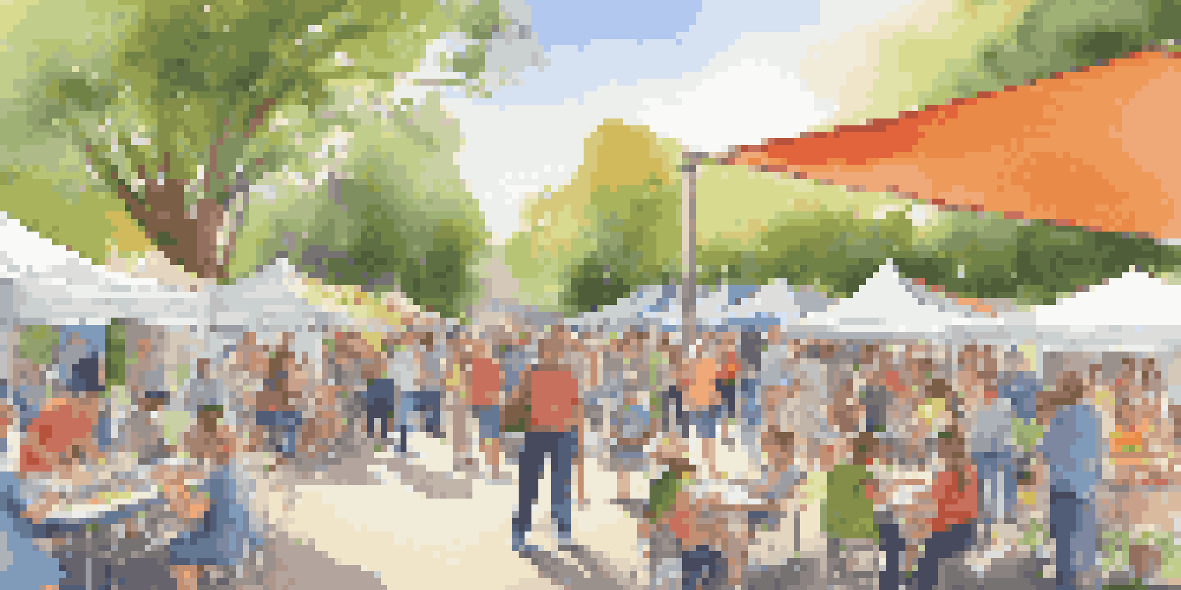 A lively outdoor community skills fair with residents showcasing their talents at colorful booths under a sunny sky.