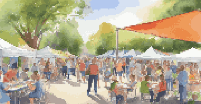 A lively outdoor community skills fair with residents showcasing their talents at colorful booths under a sunny sky.