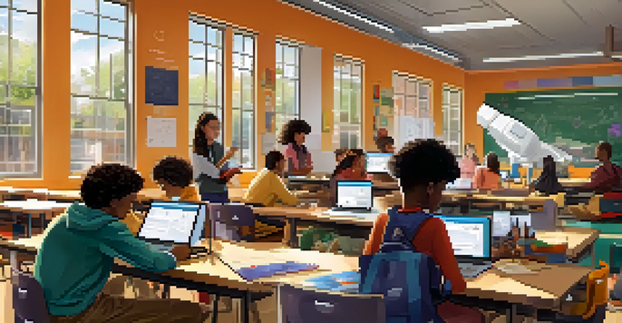 A diverse group of students working together on a STEM project in a bright classroom, building a model robot.