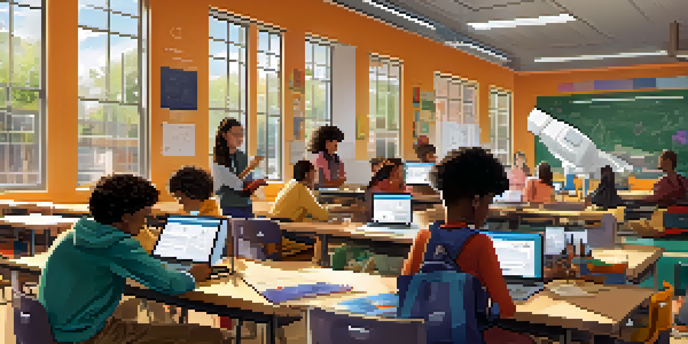 A diverse group of students working together on a STEM project in a bright classroom, building a model robot.