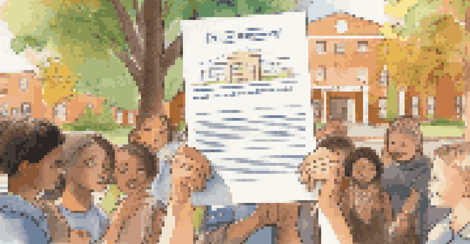 A close-up of hands holding a petition for school funding, with a diverse group of supporters in a sunny outdoor setting.